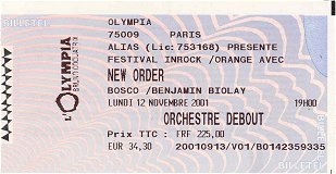 New Order Paris Olympia 2001 ticket