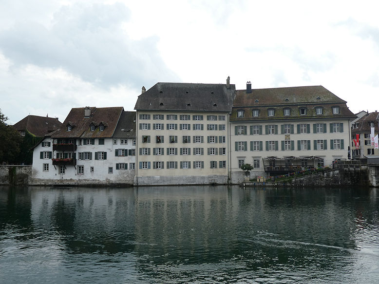 Along the Aare river by Wengibrücke with Bürgerhaus on the right